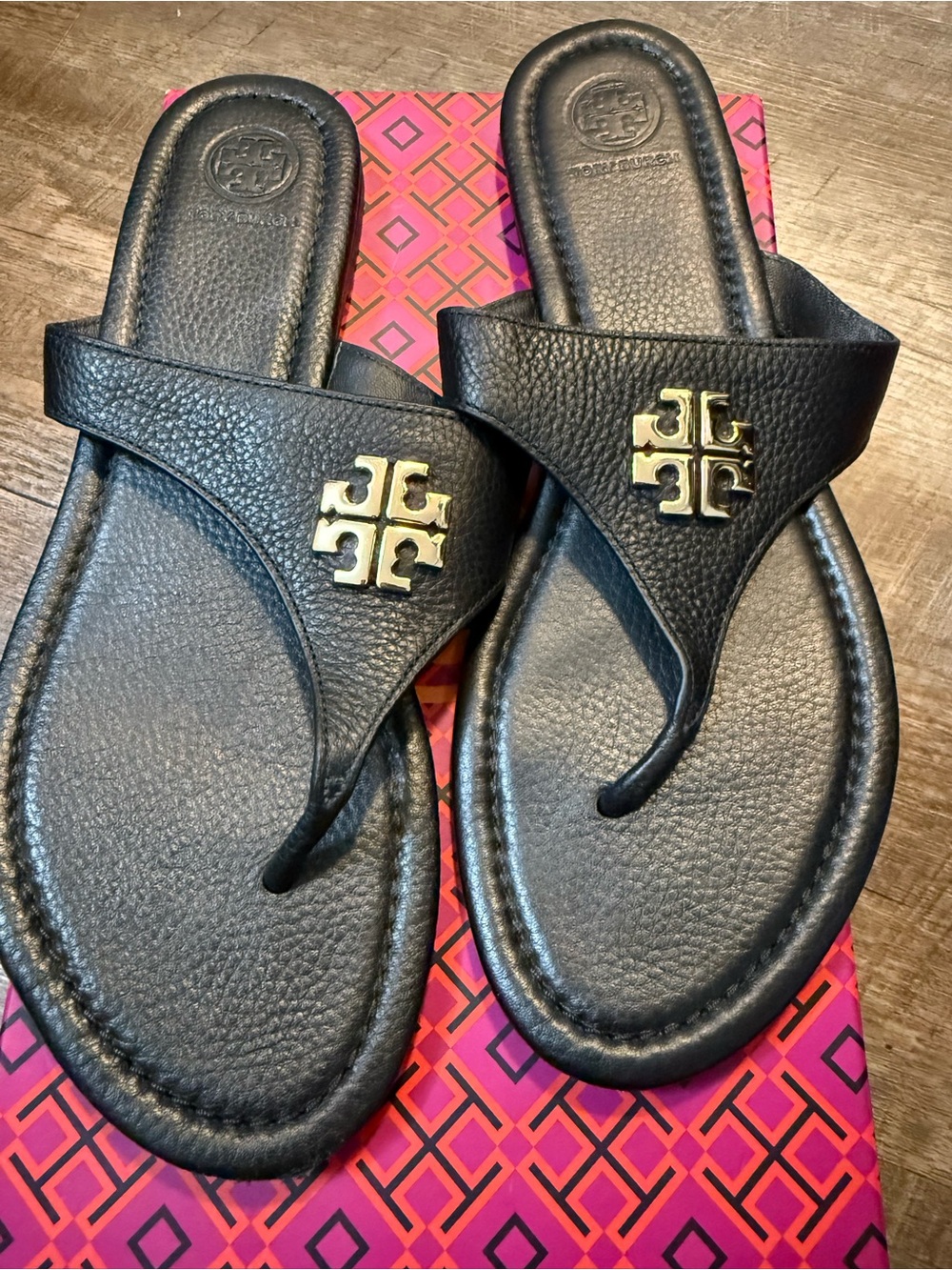 Tory Burch Black Leather Logo Thong Sandals with Gold Emblem